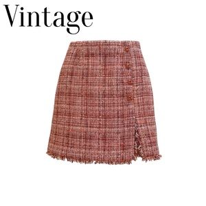 Rust Tweed Mini Skirt with Buttoned Side Slit